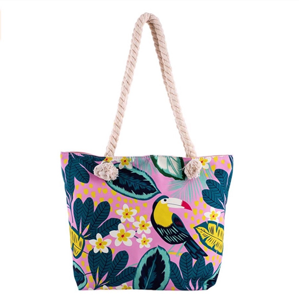 Pink Toucan Tropical Beach Tote Bag